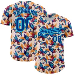 Custom Cream Royal-Lakes Blue 3D Pattern Design Animal Butterfly Authentic Baseball Jersey