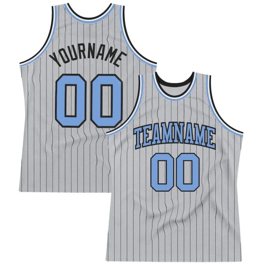 Custom Gray Black Pinstripe Light Blue Authentic Basketball Jersey Custom Gray Black Pinstripe Light Blue Authentic Basketball Jersey