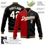 Custom Black White Red-Old Gold Bomber Full-Snap Varsity Letterman Split Fashion Jacket Custom Black White Red-Old Gold Bomber Full-Snap Varsity Letterman Split Fashion Jacket