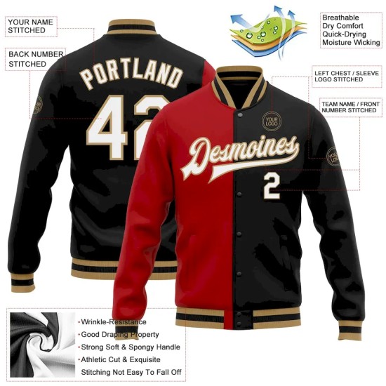 Custom Black White Red-Old Gold Bomber Full-Snap Varsity Letterman Split Fashion Jacket Custom Black White Red-Old Gold Bomber Full-Snap Varsity Letterman Split Fashion Jacket