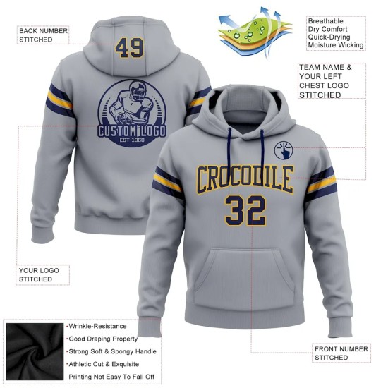 Custom Stitched Gray Navy-Gold Football Pullover Sweatshirt Hoodie Custom Stitched Gray Navy-Gold Football Pullover Sweatshirt Hoodie