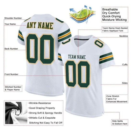 Custom White Green-Gold Mesh Authentic Football Jersey
