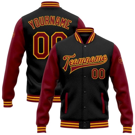 Custom Black Crimson-Gold Bomber Full-Snap Varsity Letterman Two Tone Jacket Custom Black Crimson-Gold Bomber Full-Snap Varsity Letterman Two Tone Jacket