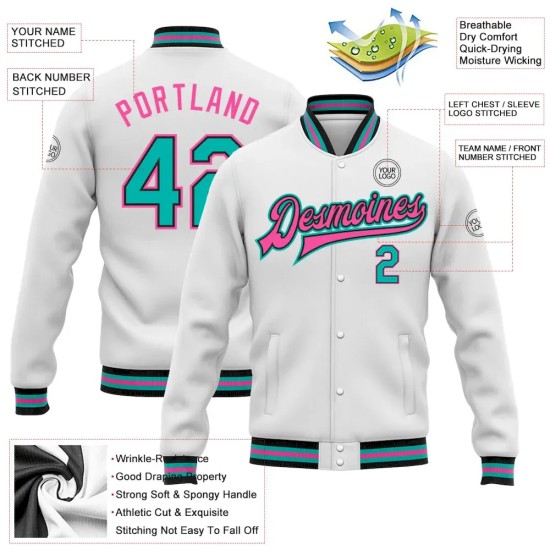 Custom White Aqua Black-Pink Bomber Full-Snap Varsity Letterman Jacket