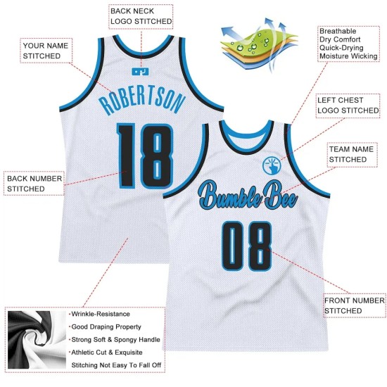 Custom White Black-Blue Authentic Throwback Basketball Jersey Custom White Black-Blue Authentic Throwback Basketball Jersey