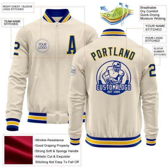 Custom Cream Royal Yellow-White Bomber Varsity Letterman Zipper Jacket Custom Cream Royal Yellow-White Bomber Varsity Letterman Zipper Jacket