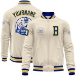 Custom Cream Royal Yellow-White Bomber Varsity Letterman Zipper Jacket Custom Cream Royal Yellow-White Bomber Varsity Letterman Zipper Jacket