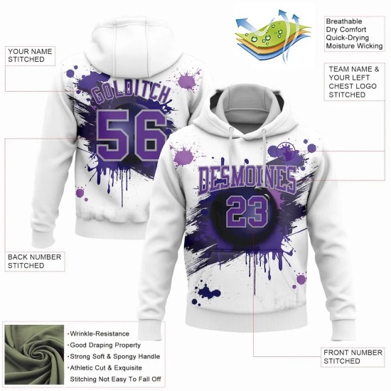 Custom Stitched White Purple-Gray 3D Dripping Splatter Bowling Ball Sports Pullover Sweatshirt Hoodie Custom Stitched White Purple-Gray 3D Dripping Splatter Bowling Ball Sports Pullover Sweatshirt Hoodie