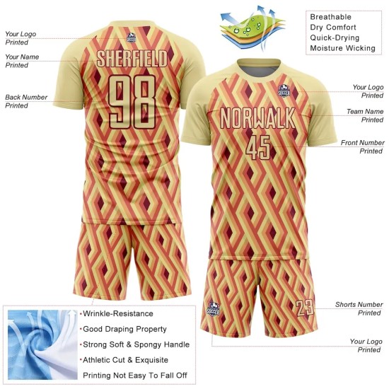 Custom Sand Crimson Geometric Shapes Sublimation Soccer Uniform Jersey