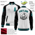 Custom White Teal-Black Bomber Varsity Letterman Two Tone Zipper Jacket Custom White Teal-Black Bomber Varsity Letterman Two Tone Zipper Jacket