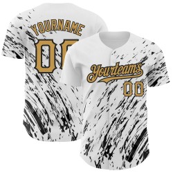 Custom White Old Gold-Black 3D Pattern Design Abstract Splash Authentic Baseball Jersey